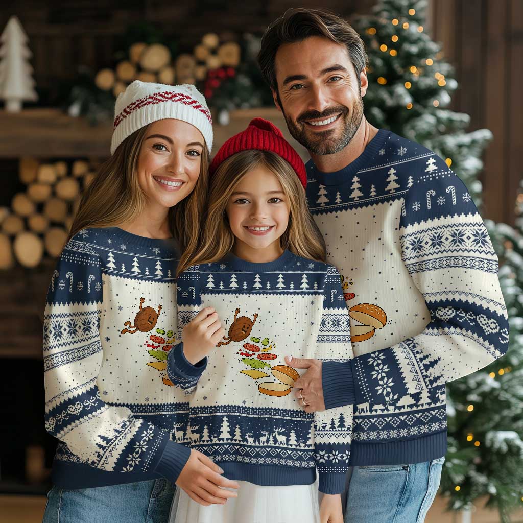Funny Burger Ingredients Flying Into Bun Ugly Christmas Sweater Fast Food Lover Gift