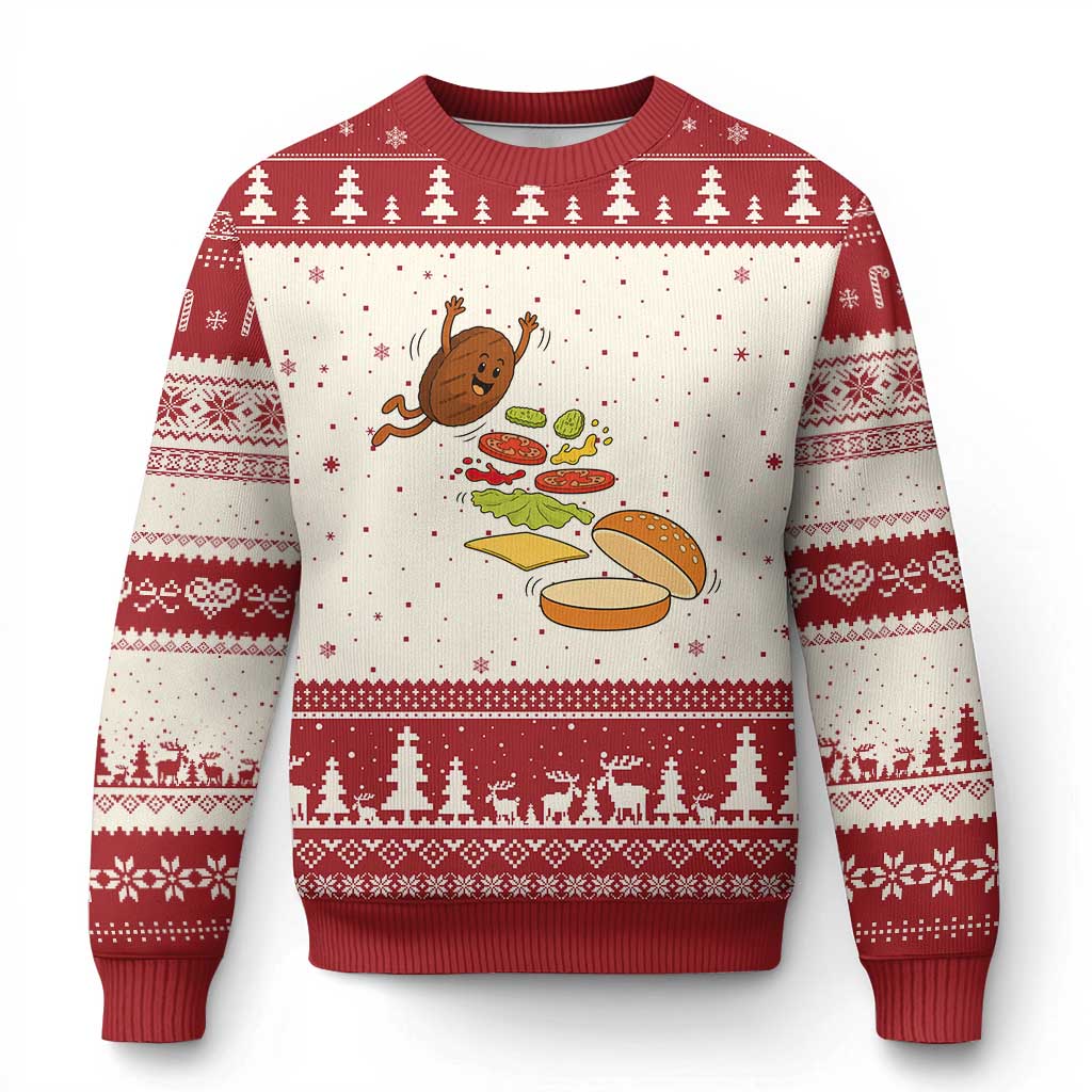 Funny Burger Ingredients Flying Into Bun Ugly Christmas Sweater Fast Food Lover Gift
