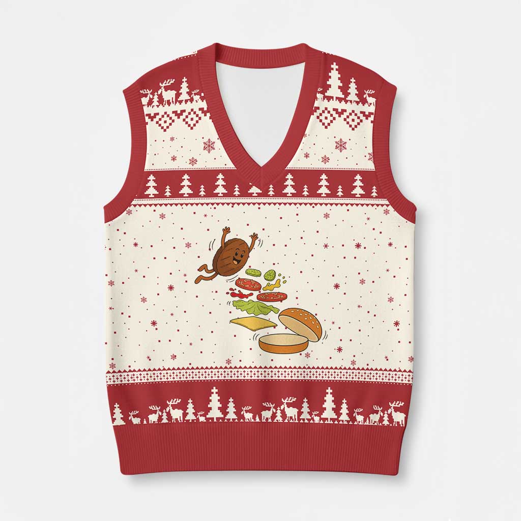 Funny Burger Ingredients Flying Into Bun V-Neck Knit Sweater Vest Fast Food Lover Gift