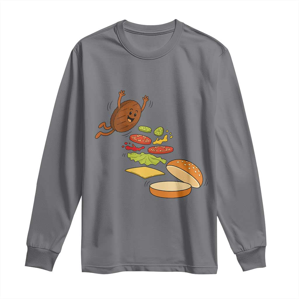 Funny Burger Ingredients Flying Into Bun Long Sleeve Shirt Fast Food Lover Gift