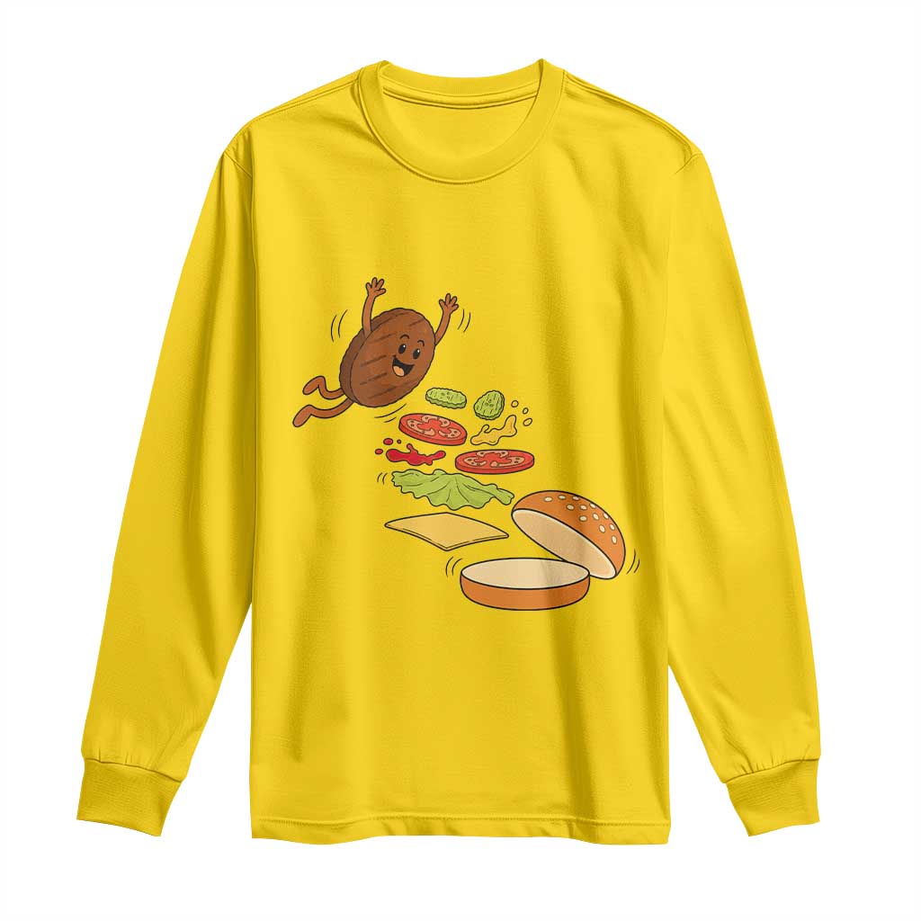 Funny Burger Ingredients Flying Into Bun Long Sleeve Shirt Fast Food Lover Gift