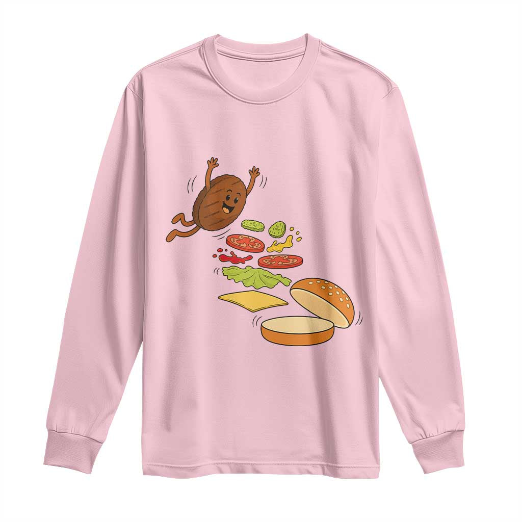 Funny Burger Ingredients Flying Into Bun Long Sleeve Shirt Fast Food Lover Gift