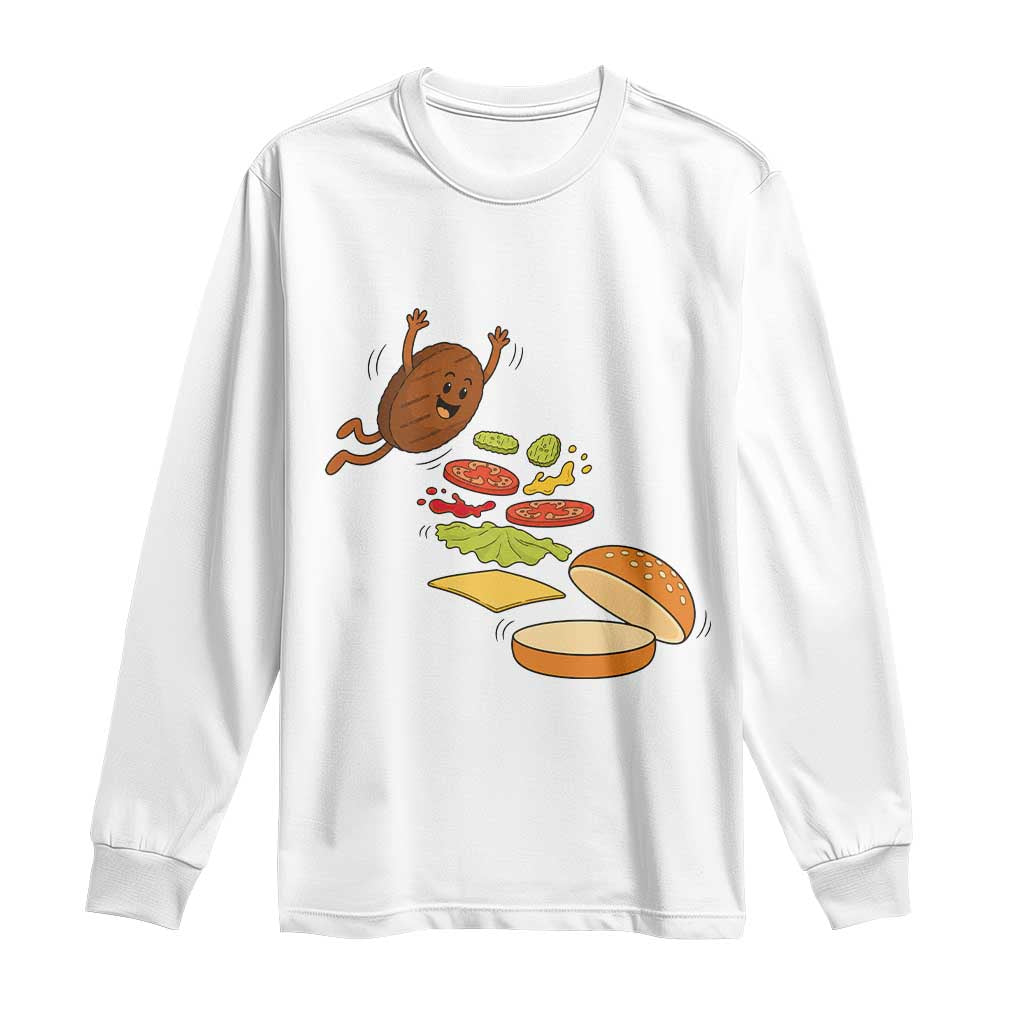 Funny Burger Ingredients Flying Into Bun Long Sleeve Shirt Fast Food Lover Gift
