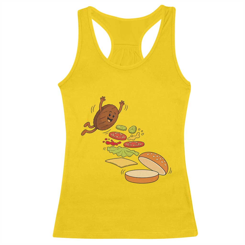 Funny Burger Ingredients Flying Into Bun Racerback Tank Top Fast Food Lover Gift