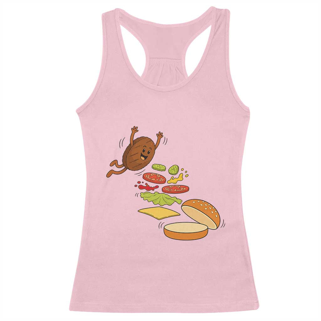 Funny Burger Ingredients Flying Into Bun Racerback Tank Top Fast Food Lover Gift