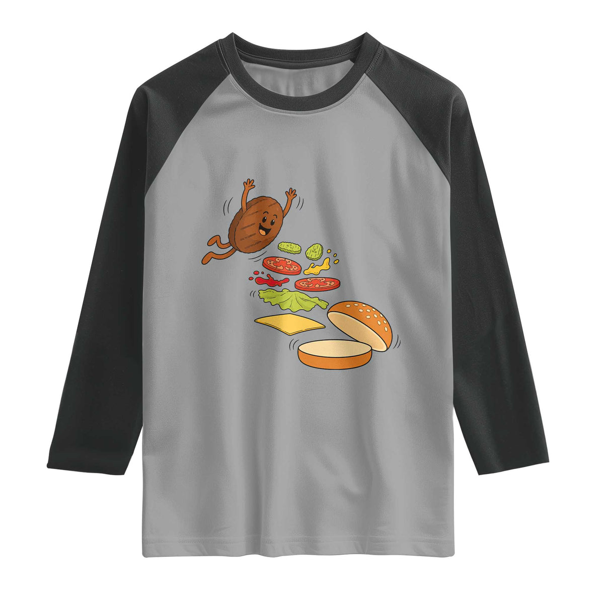 Funny Burger Ingredients Flying Into Bun Raglan Shirt Fast Food Lover Gift