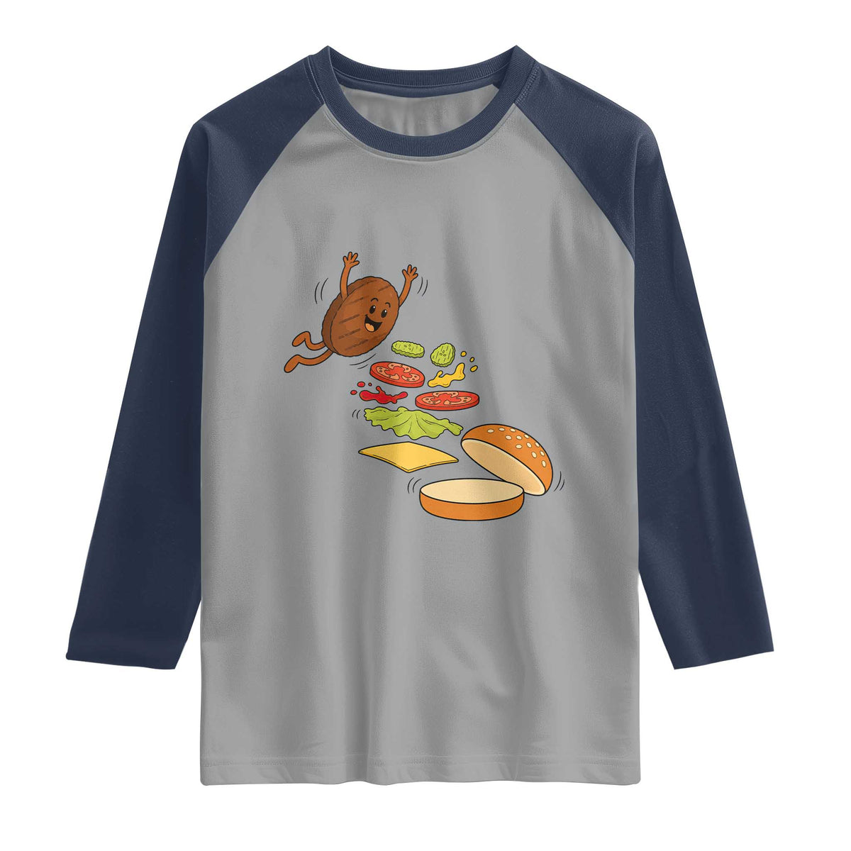 Funny Burger Ingredients Flying Into Bun Raglan Shirt Fast Food Lover Gift