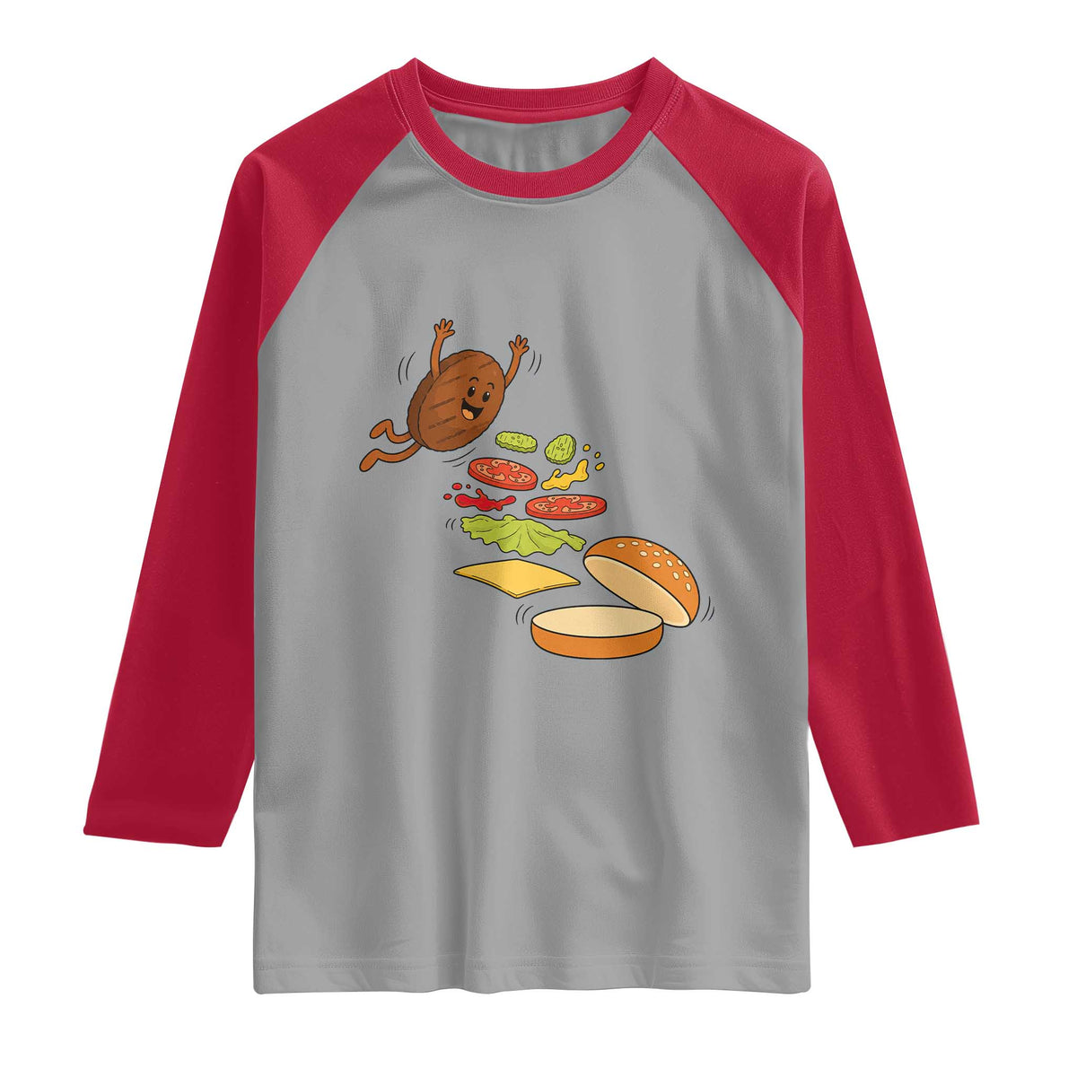 Funny Burger Ingredients Flying Into Bun Raglan Shirt Fast Food Lover Gift