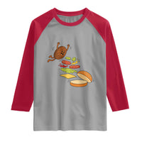 Funny Burger Ingredients Flying Into Bun Raglan Shirt Fast Food Lover Gift