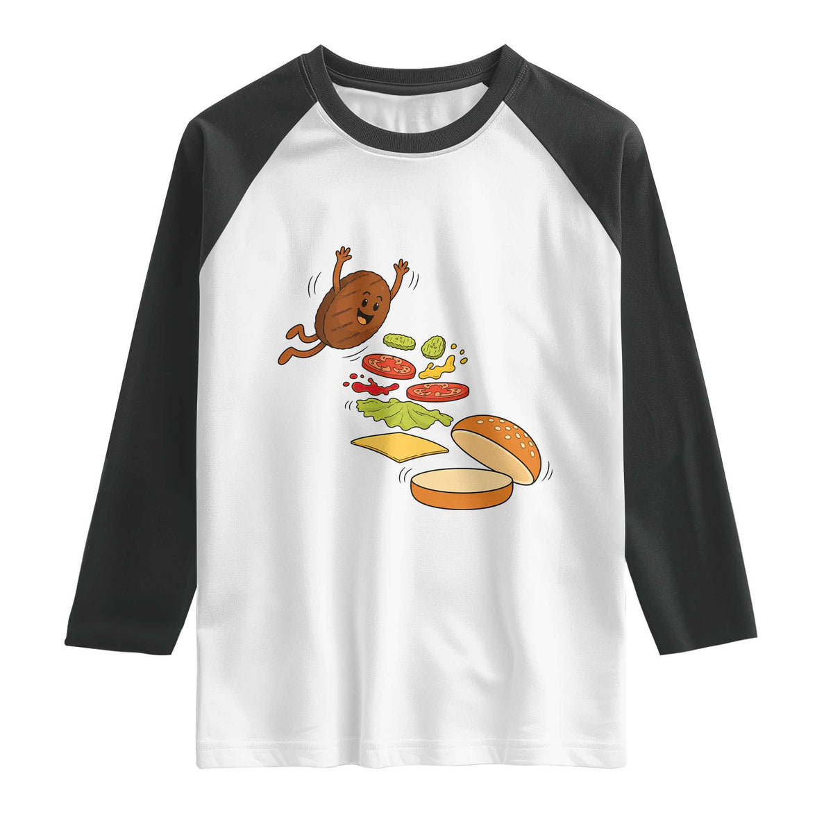 Funny Burger Ingredients Flying Into Bun Raglan Shirt Fast Food Lover Gift
