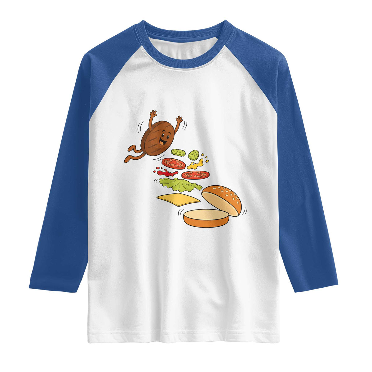 Funny Burger Ingredients Flying Into Bun Raglan Shirt Fast Food Lover Gift