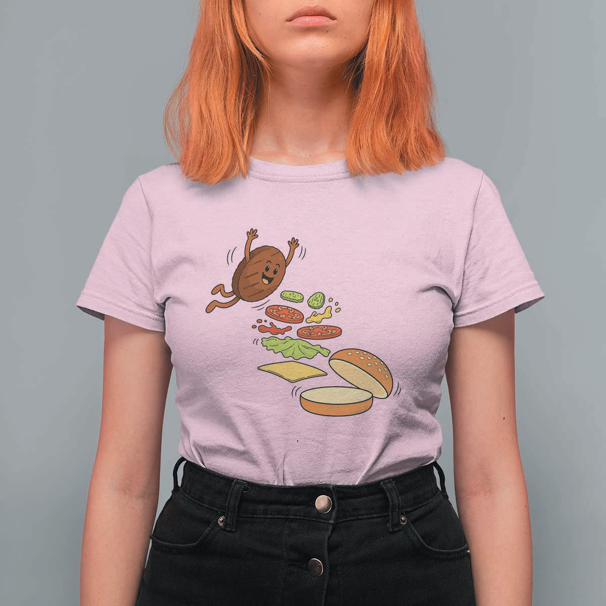Funny Burger Ingredients Flying Into Bun T Shirt For Women Fast Food Lover Gift