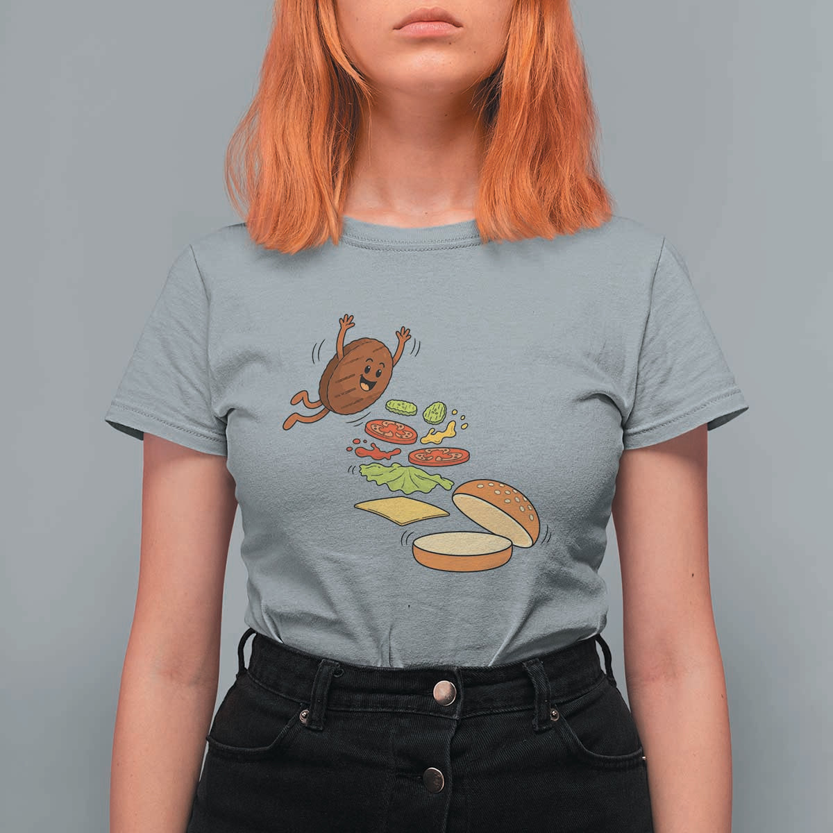 Funny Burger Ingredients Flying Into Bun T Shirt For Women Fast Food Lover Gift
