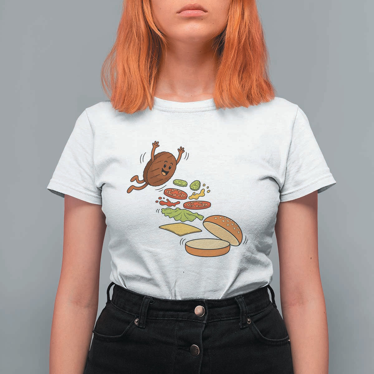 Funny Burger Ingredients Flying Into Bun T Shirt For Women Fast Food Lover Gift
