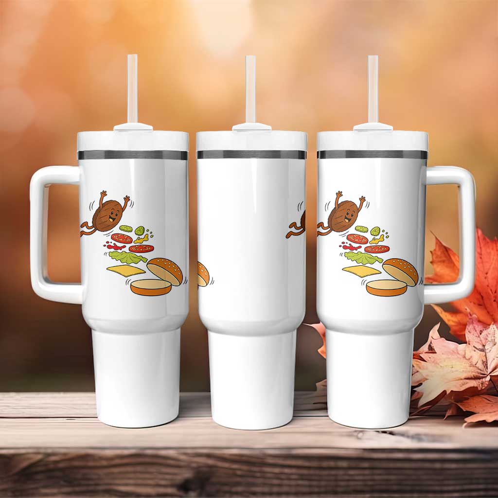 Funny Burger Ingredients Flying Into Bun Tumbler With Handle Fast Food Lover Gift