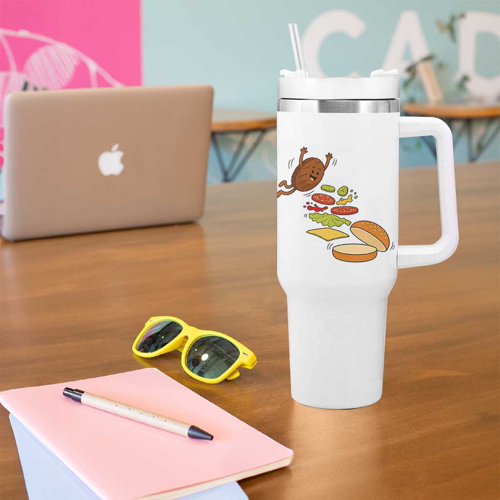 Funny Burger Ingredients Flying Into Bun Tumbler With Handle Fast Food Lover Gift