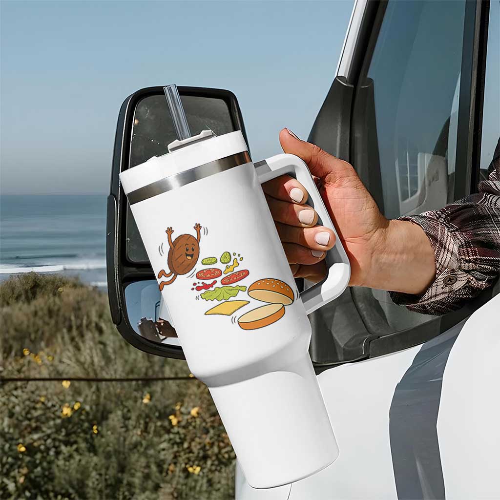Funny Burger Ingredients Flying Into Bun Tumbler With Handle Fast Food Lover Gift