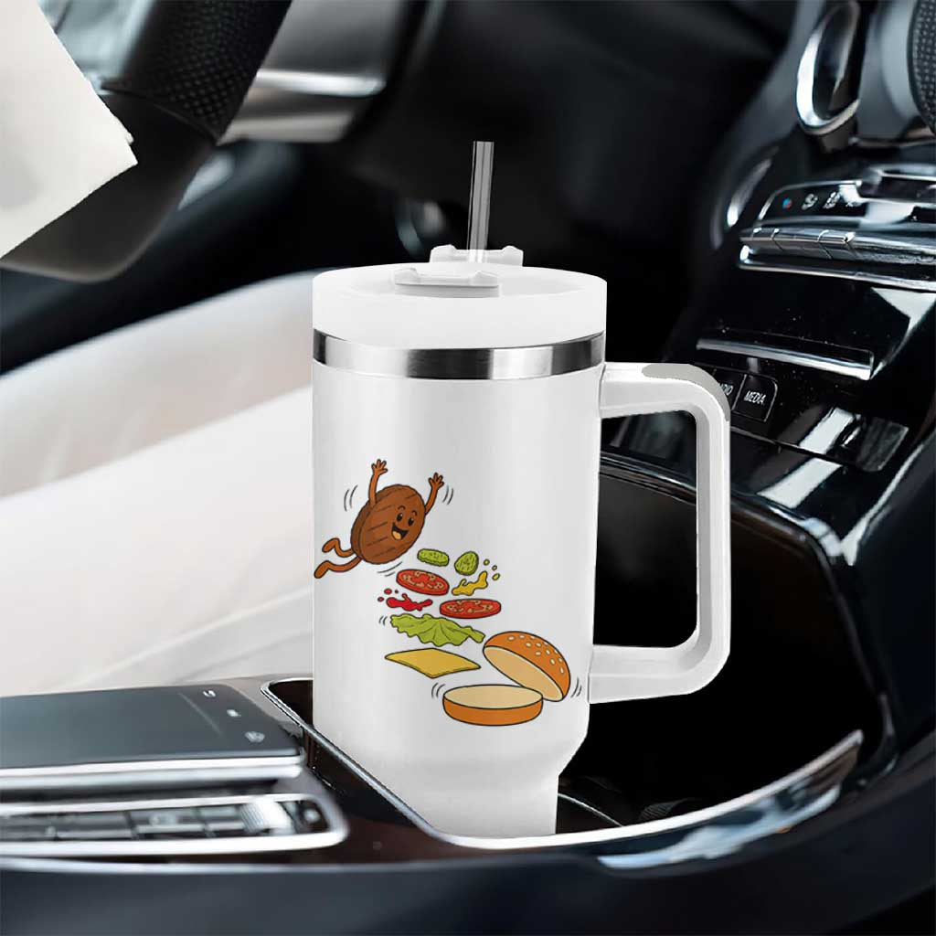 Funny Burger Ingredients Flying Into Bun Tumbler With Handle Fast Food Lover Gift
