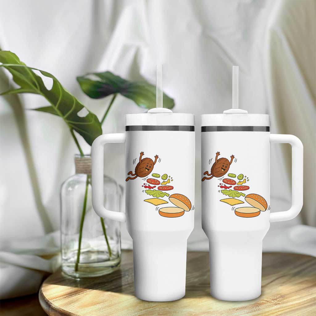 Funny Burger Ingredients Flying Into Bun Tumbler With Handle Fast Food Lover Gift