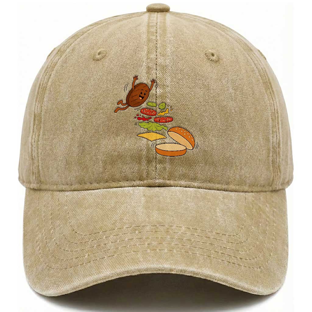 Funny Burger Ingredients Flying Into Bun Washed Cotton Baseball Cap Fast Food Lover Gift