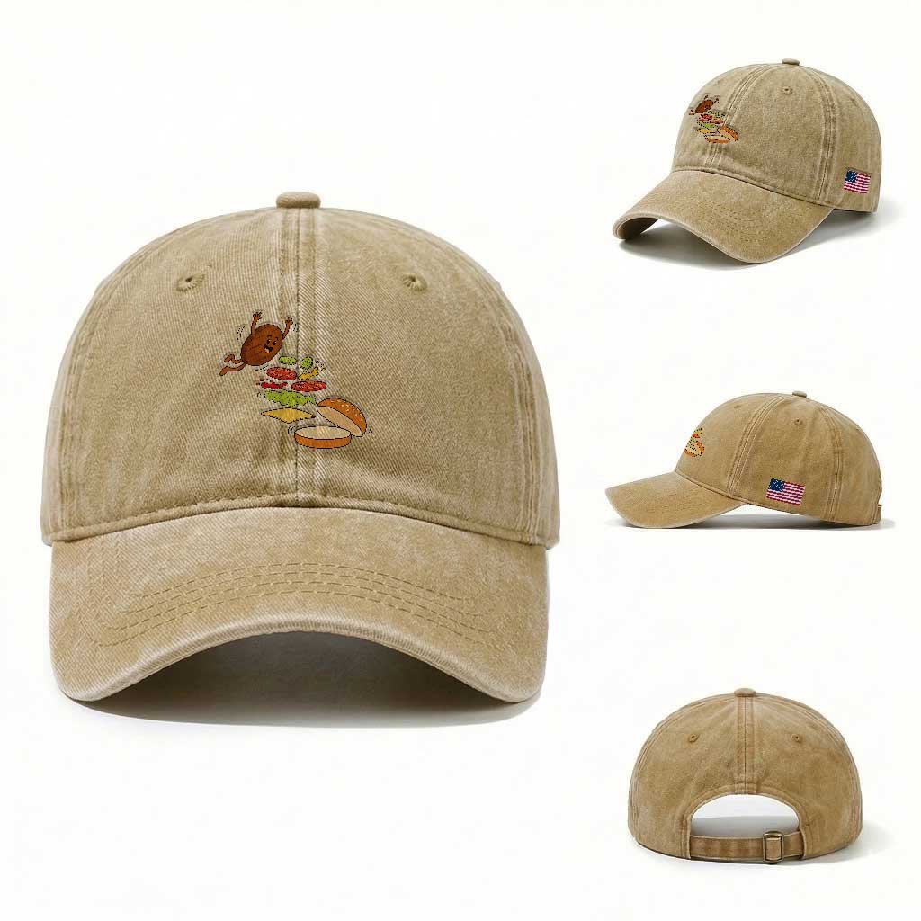 Funny Burger Ingredients Flying Into Bun Washed Cotton Baseball Cap Fast Food Lover Gift