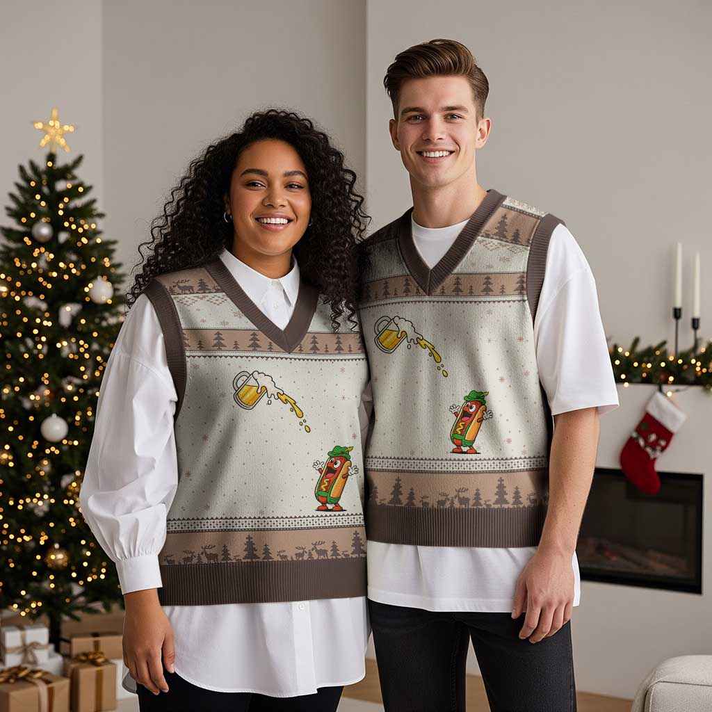 Funny Sausage Waiting For Beer V-Neck Knit Sweater Vest Oktoberfest Gift