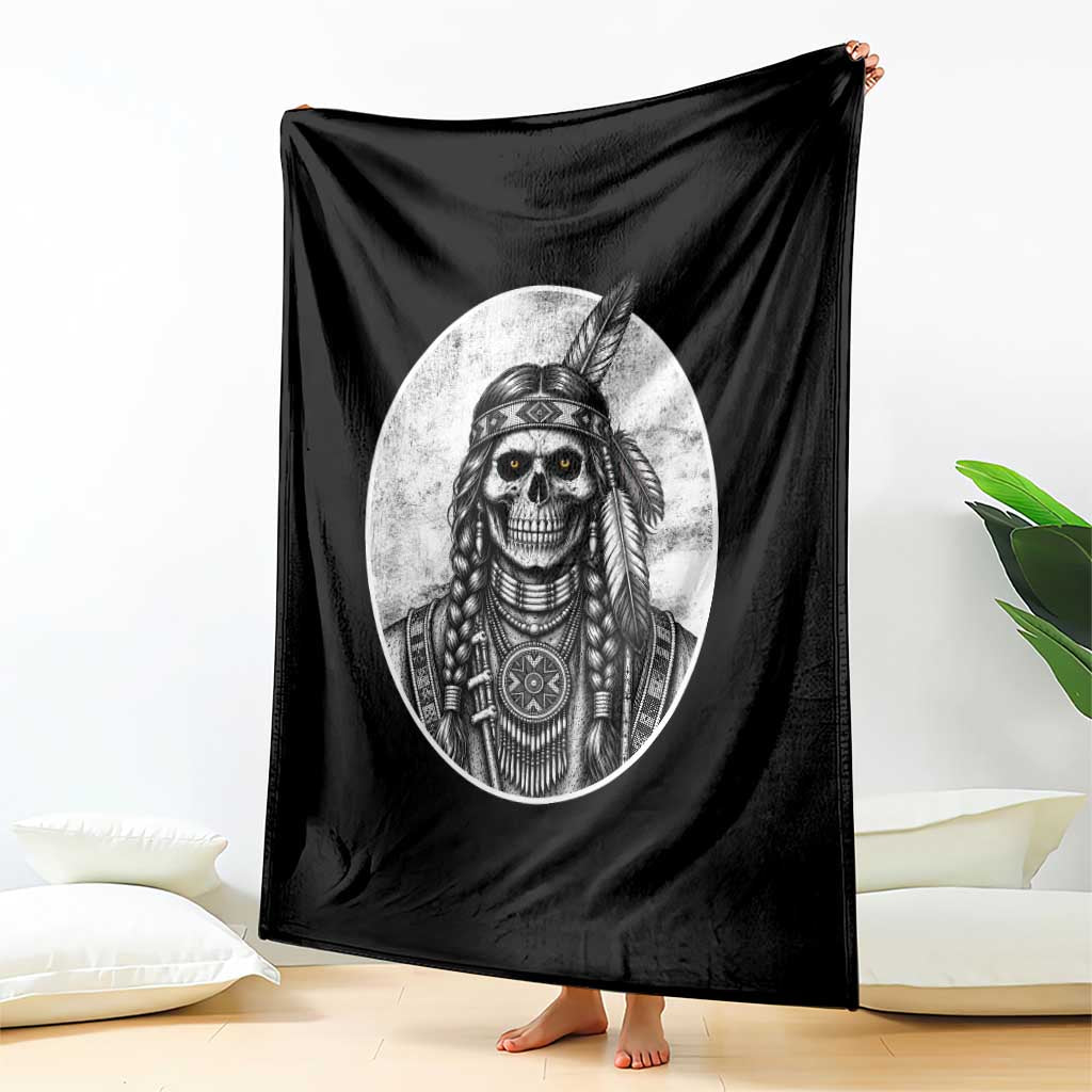 Vintage Gothic Skull Warrior Throw Blanket Native American Feather Chief