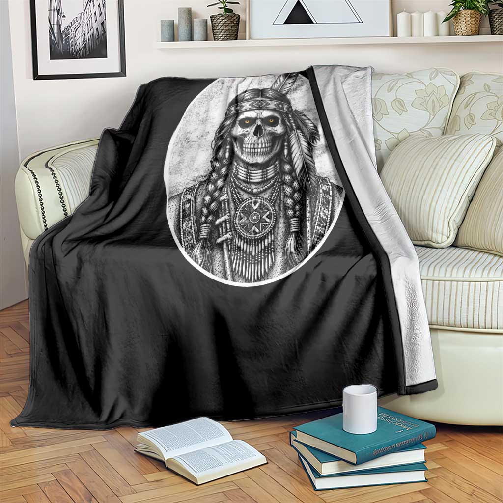 Vintage Gothic Skull Warrior Throw Blanket Native American Feather Chief