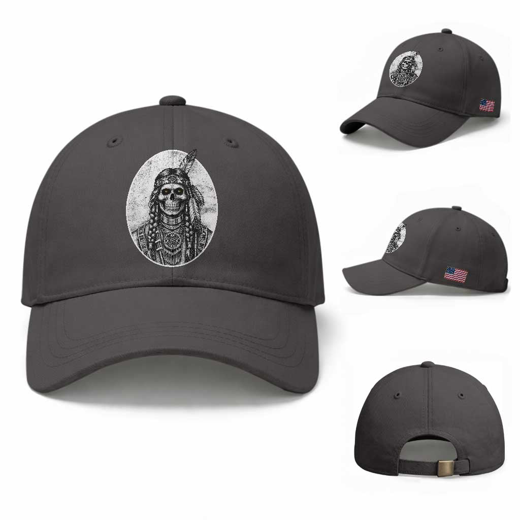 Vintage Gothic Skull Warrior Baseball Cap Native American Feather Chief