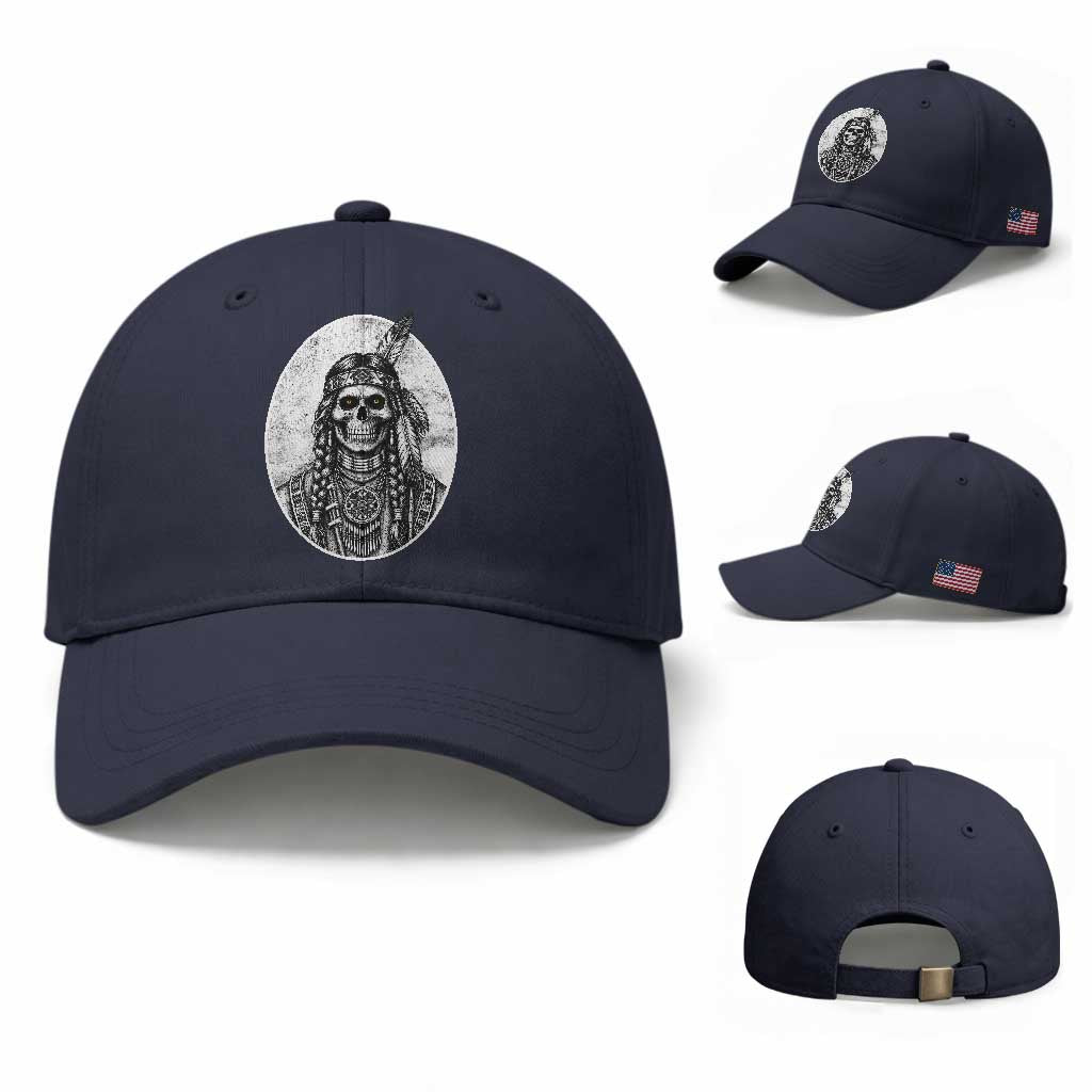 Vintage Gothic Skull Warrior Baseball Cap Native American Feather Chief