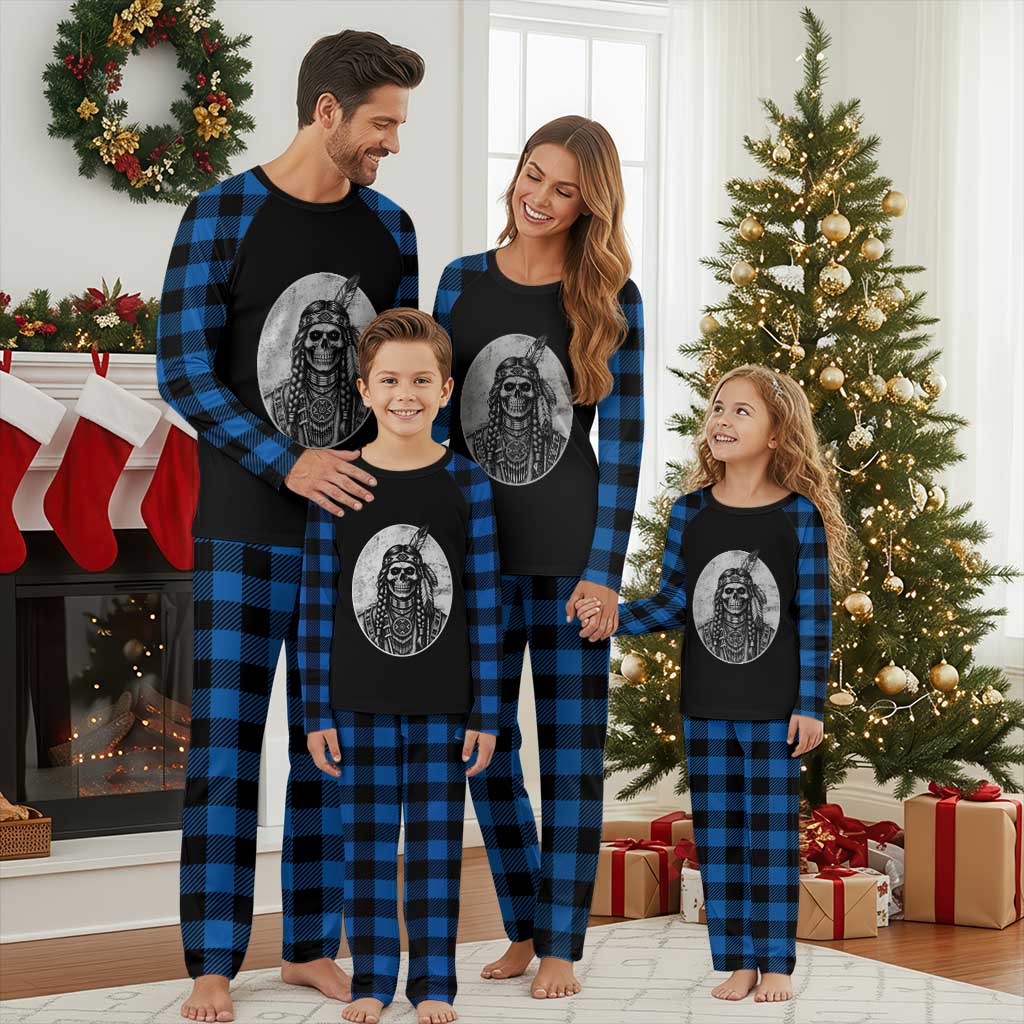 Vintage Gothic Skull Warrior Plaid Pajama Set Native American Feather Chief