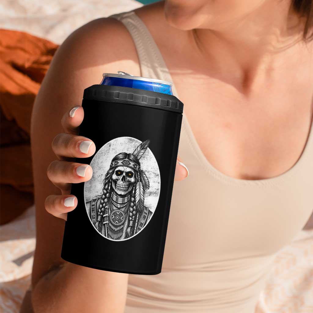 Vintage Gothic Skull Warrior 4 in 1 Can Cooler Tumbler Native American Feather Chief