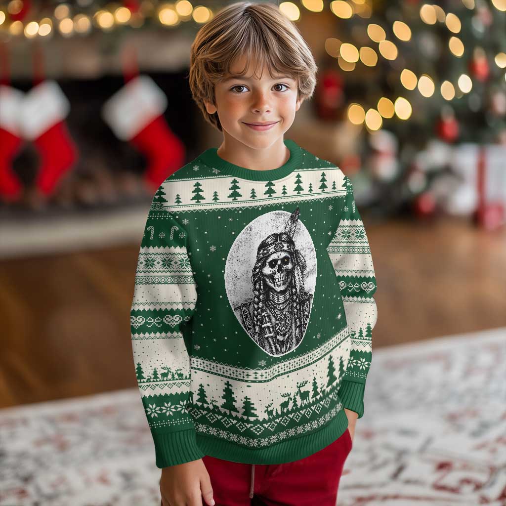 Vintage Gothic Skull Warrior Ugly Christmas Sweater Native American Feather Chief