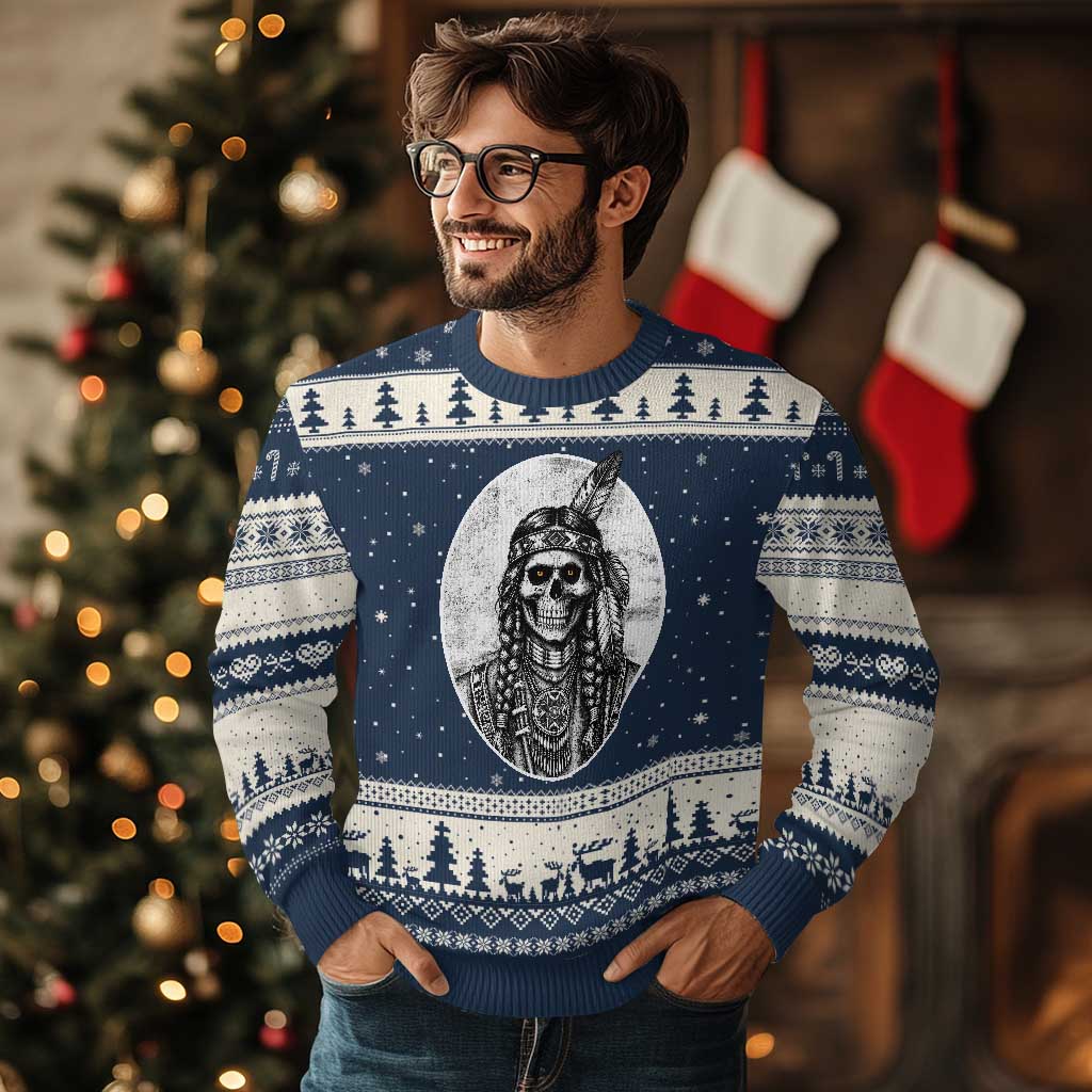 Vintage Gothic Skull Warrior Ugly Christmas Sweater Native American Feather Chief