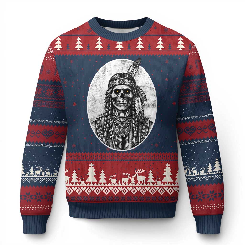 Vintage Gothic Skull Warrior Ugly Christmas Sweater Native American Feather Chief