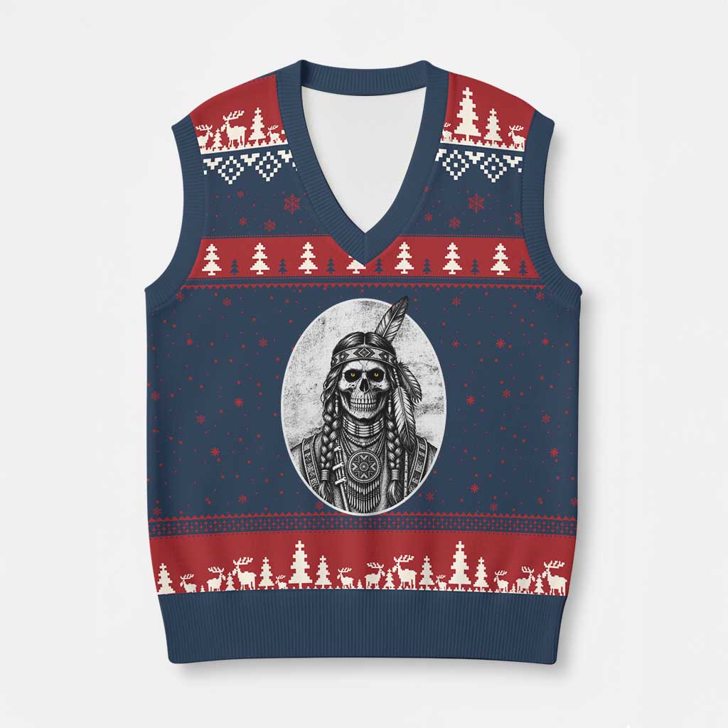 Vintage Gothic Skull Warrior V-Neck Knit Sweater Vest Native American Feather Chief