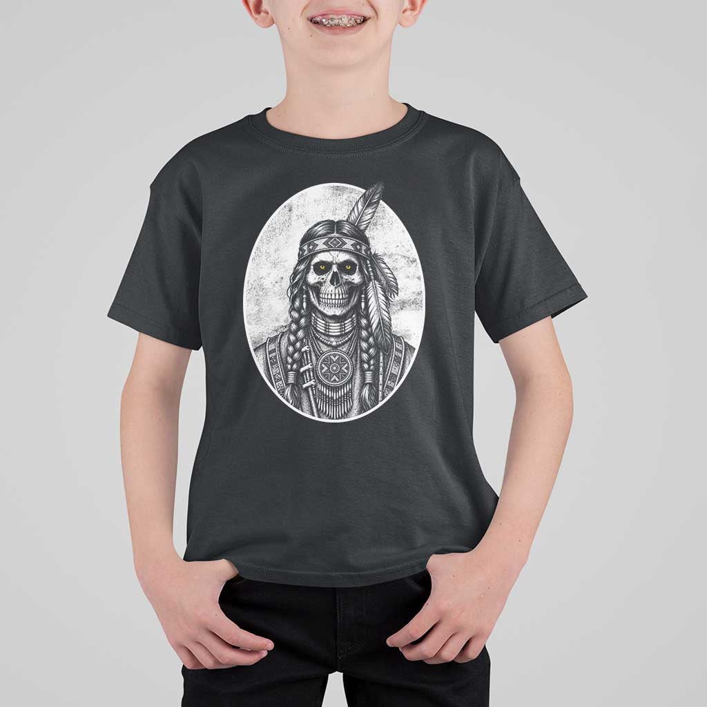 Vintage Gothic Skull Warrior T Shirt For Kid Native American Feather Chief