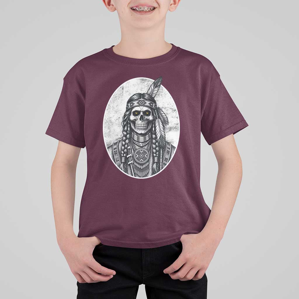 Vintage Gothic Skull Warrior T Shirt For Kid Native American Feather Chief