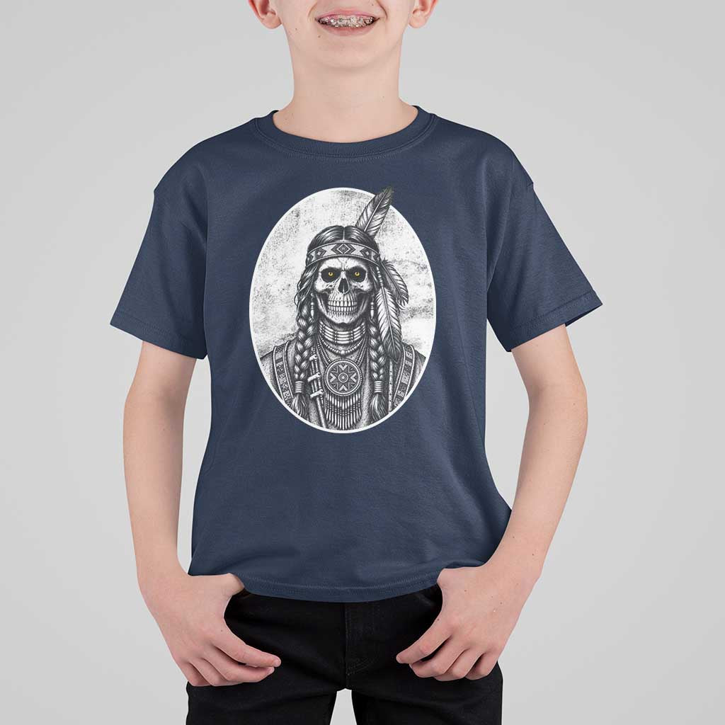 Vintage Gothic Skull Warrior T Shirt For Kid Native American Feather Chief