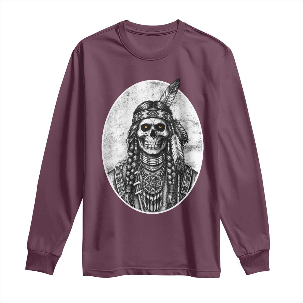 Vintage Gothic Skull Warrior Long Sleeve Shirt Native American Feather Chief