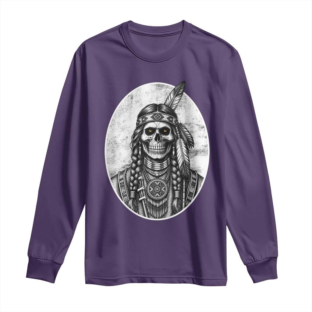 Vintage Gothic Skull Warrior Long Sleeve Shirt Native American Feather Chief