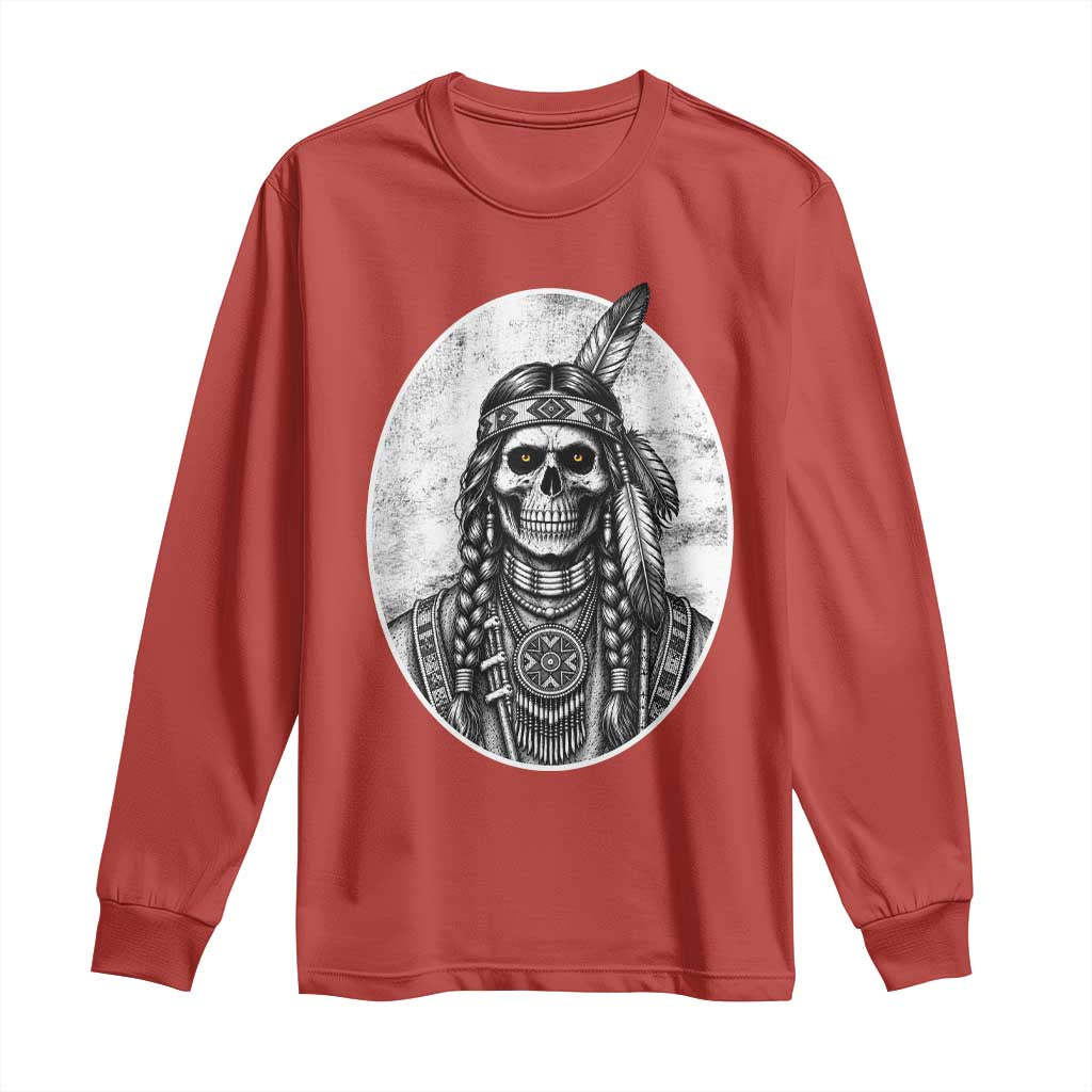 Vintage Gothic Skull Warrior Long Sleeve Shirt Native American Feather Chief
