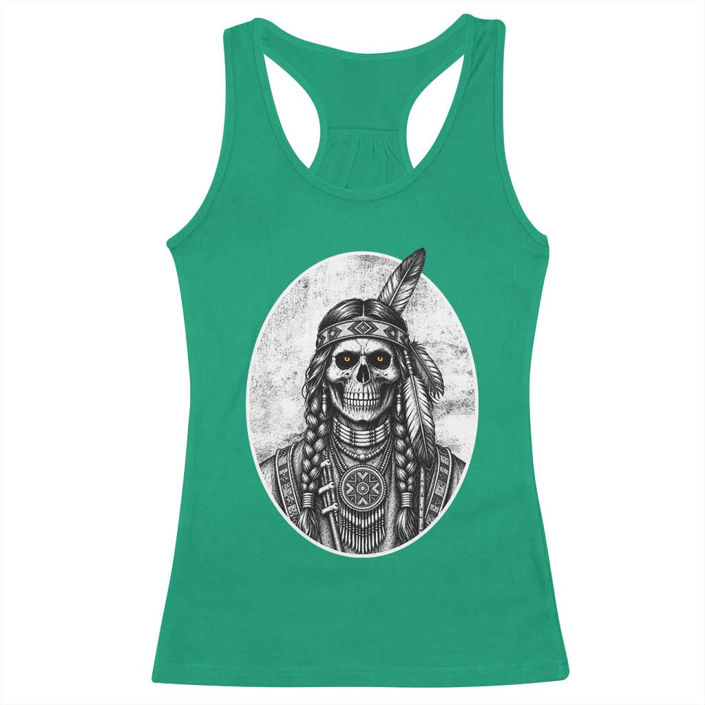 Vintage Gothic Skull Warrior Racerback Tank Top Native American Feather Chief