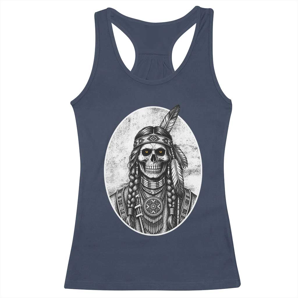 Vintage Gothic Skull Warrior Racerback Tank Top Native American Feather Chief