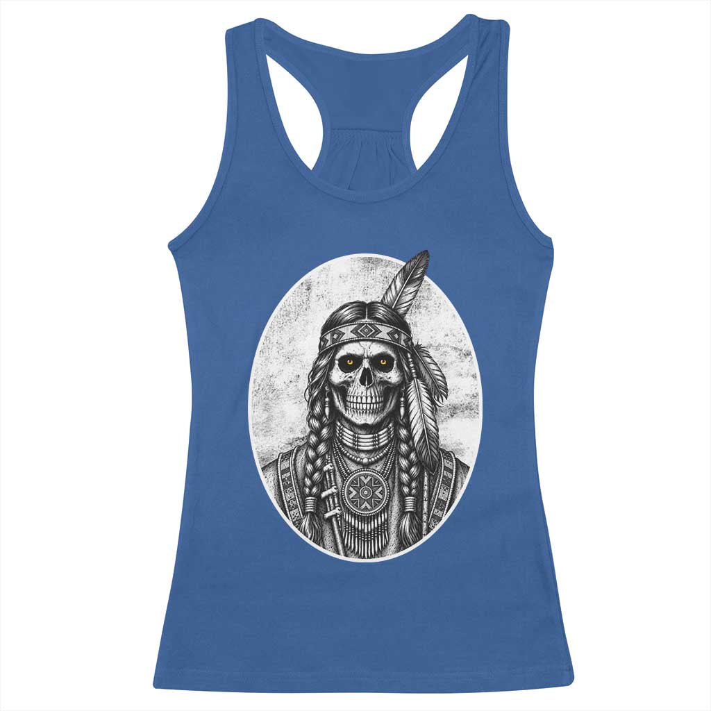 Vintage Gothic Skull Warrior Racerback Tank Top Native American Feather Chief