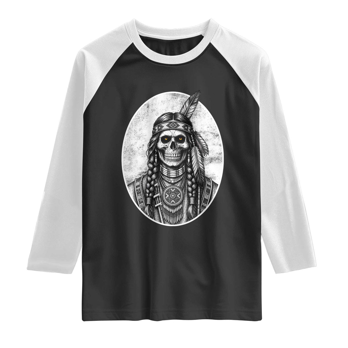 Vintage Gothic Skull Warrior Raglan Shirt Native American Feather Chief