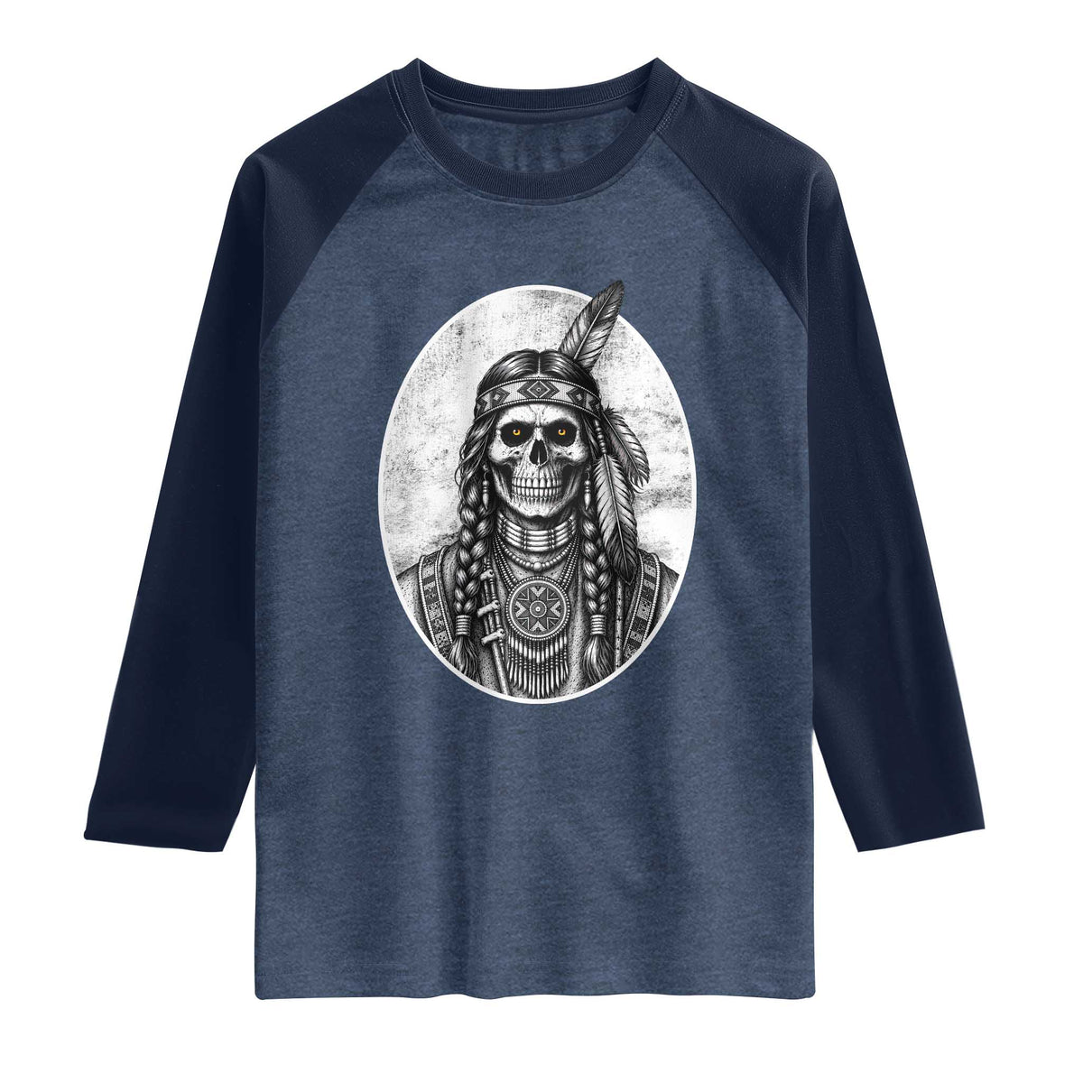 Vintage Gothic Skull Warrior Raglan Shirt Native American Feather Chief