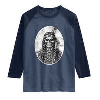 Vintage Gothic Skull Warrior Raglan Shirt Native American Feather Chief