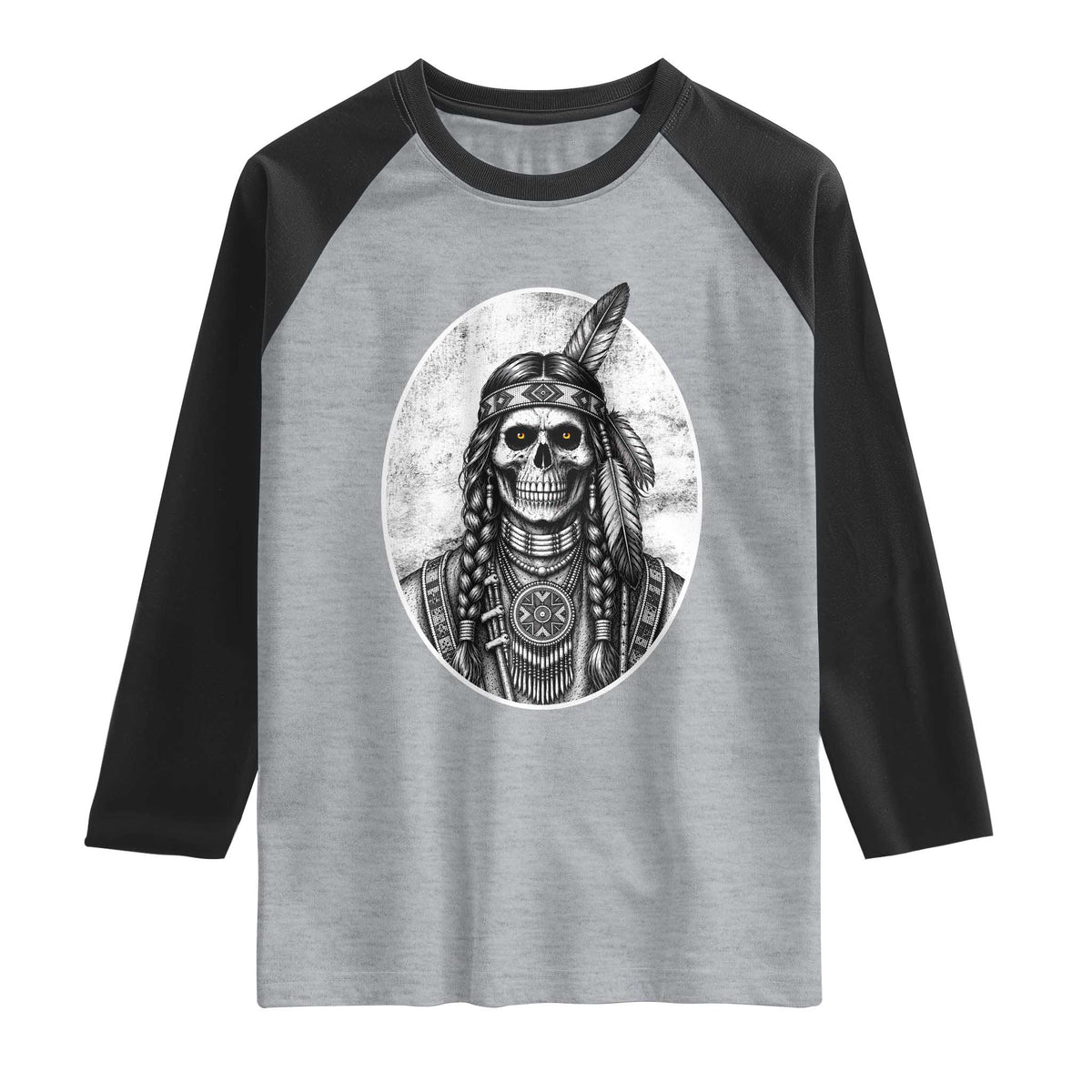 Vintage Gothic Skull Warrior Raglan Shirt Native American Feather Chief