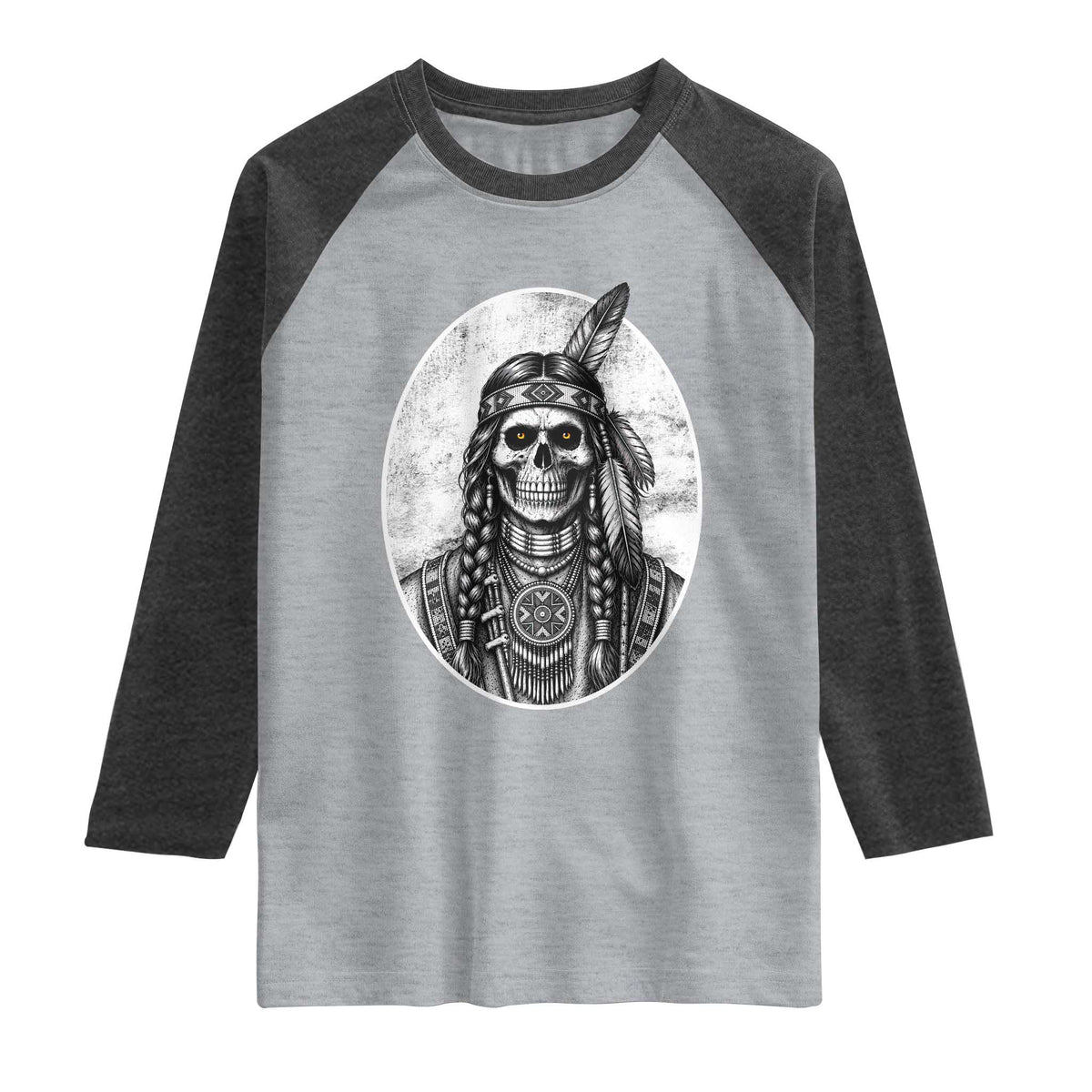 Vintage Gothic Skull Warrior Raglan Shirt Native American Feather Chief